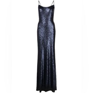 MARCHESA BRIDESMAIDS SLIM CUT SEQUIN GOWN IN SHINY MIDNIGHT